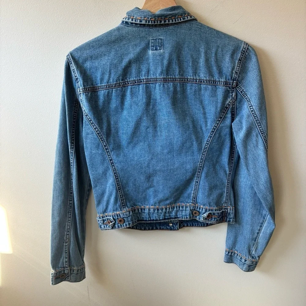 GAP Cropped Denim Jacket with Orange Stitching and Flower Patch